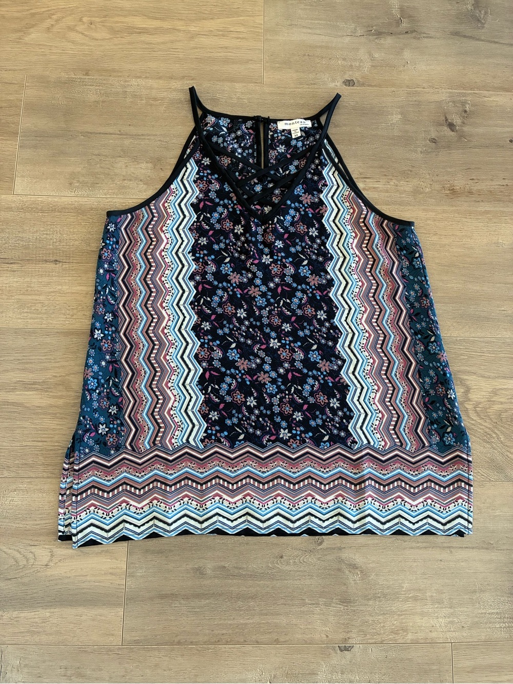 Monteau Navy Floral & Multi Chevron Crisscross Tank